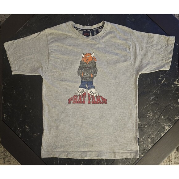 Phat Farm Bull Cartoon Tshirt Logo Sz M Youth Boys Vintage Y2K Faded 2000's Grey - Picture 1 of 6
